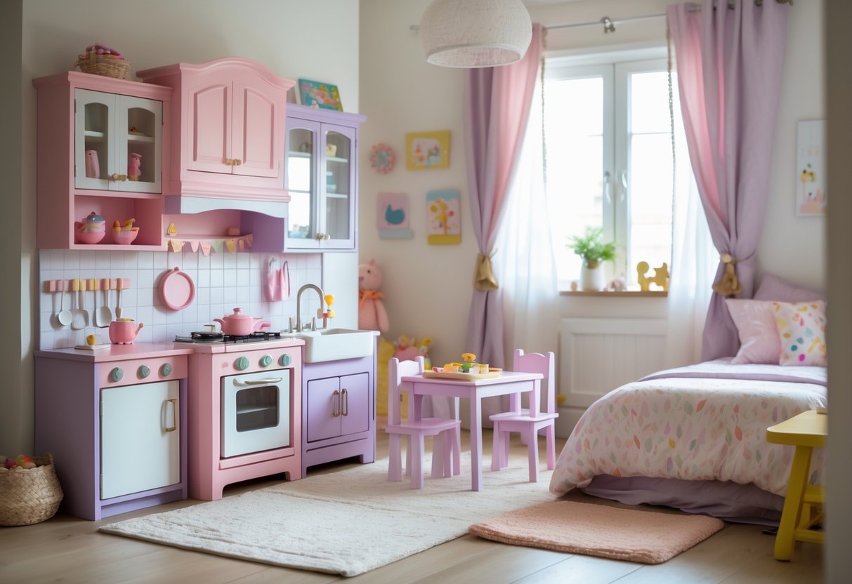 A children's bedroom with a colorful play kitchen area, toys, and cozy furnishings.