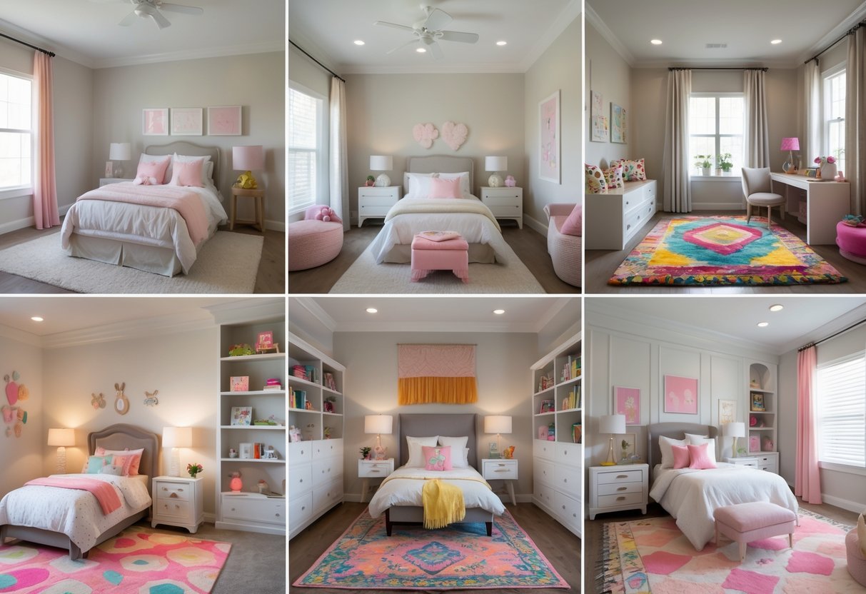 A series of girls' bedrooms with neutral-colored walls and furniture, each featuring a bright and colorful rug on the floor.