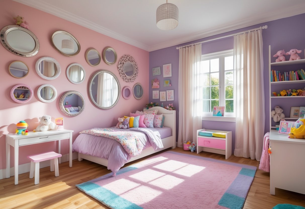 A children's bedroom with pastel colors, toys, furniture, and multiple decorative mirrors on the walls.