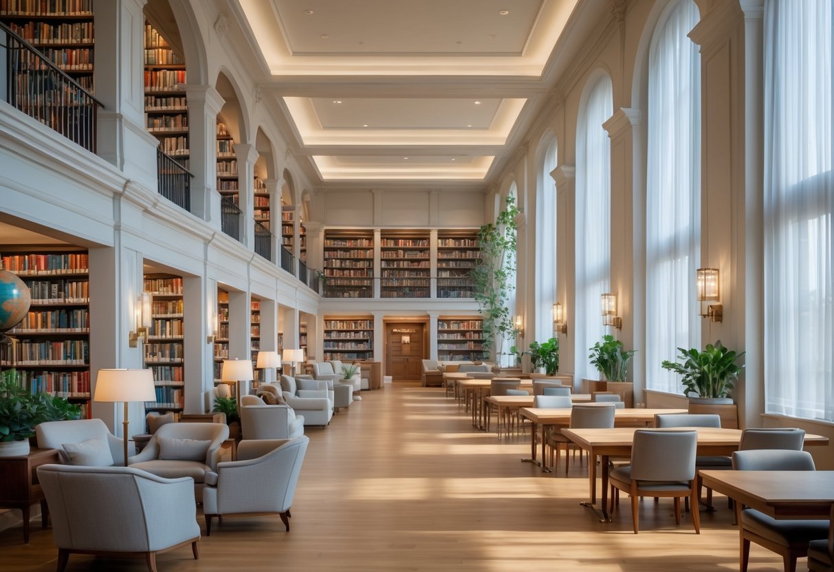 Interior of a large library with multiple bookshelves, reading areas, and comfortable chairs arranged across the space.