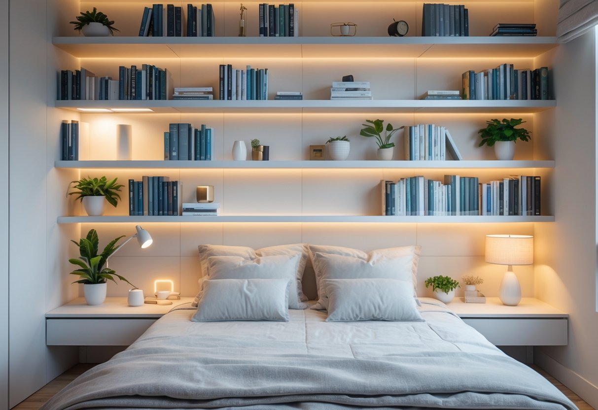 A bedroom with wall-mounted shelves above the bed holding books and plants, creating a cozy and organized space.
