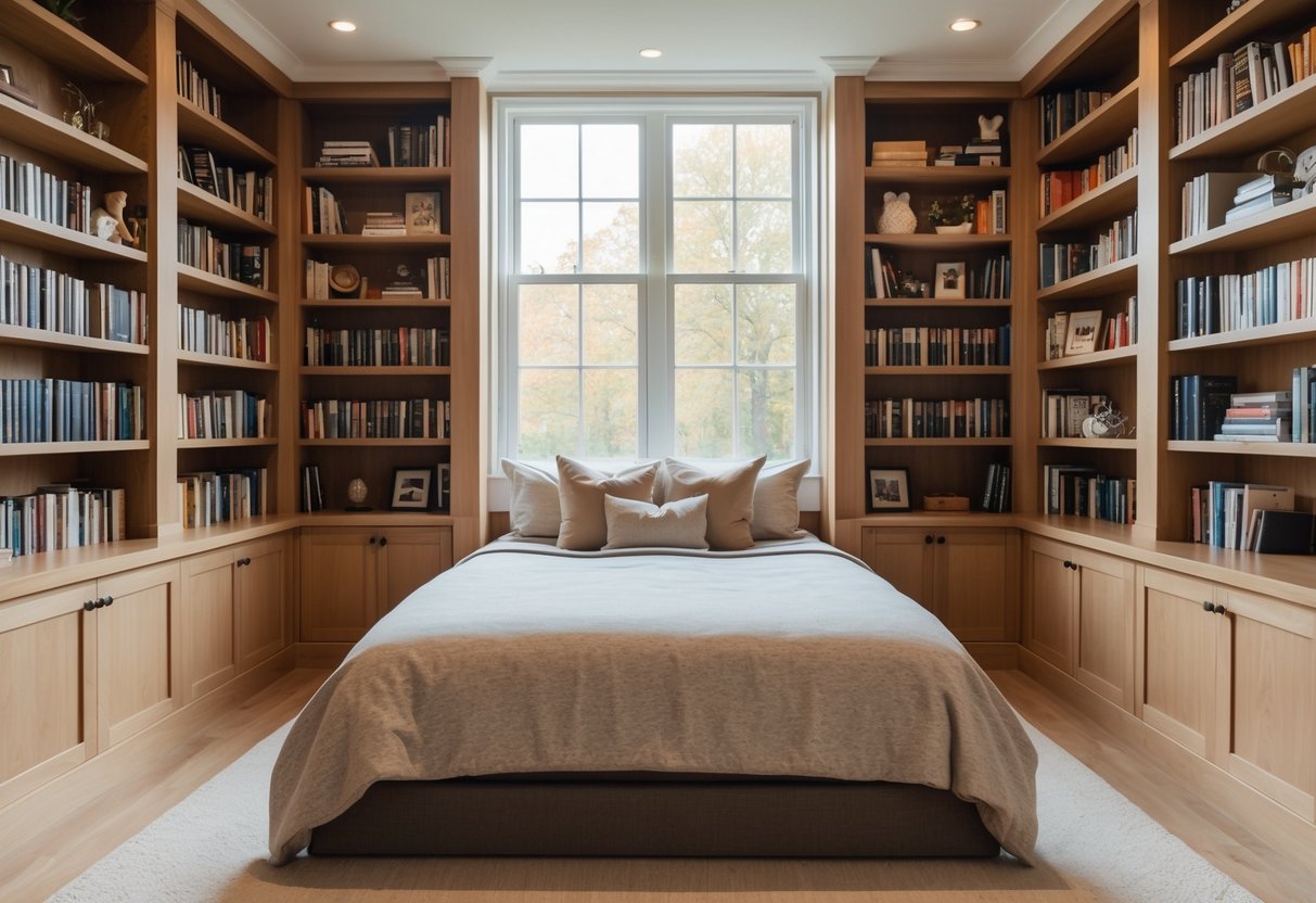 Bedroom with built-in bookshelves framing a window, filled with books and a neatly made bed beneath.