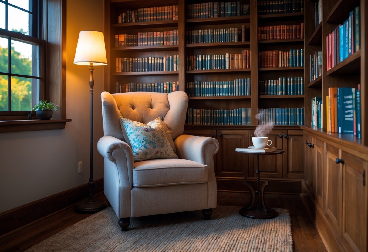 A cozy armchair beside a floor lamp surrounded by bookshelves filled with books.
