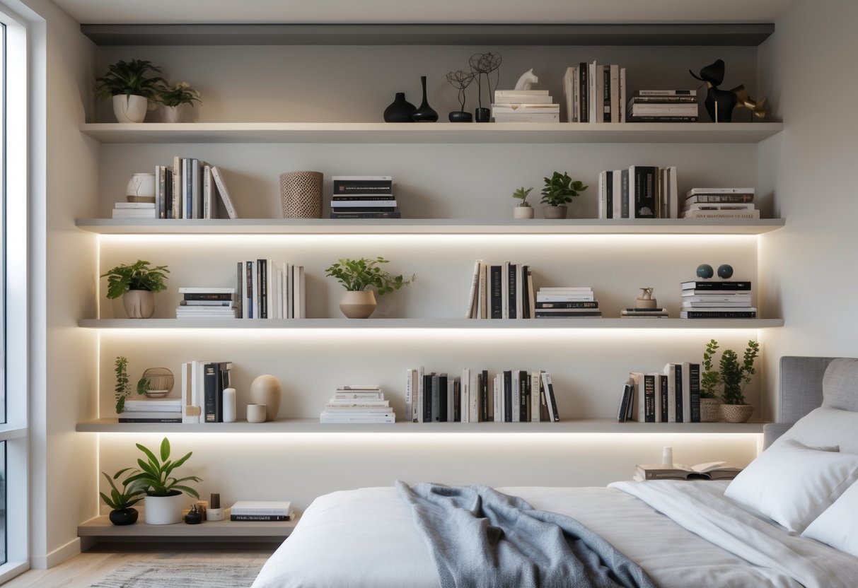 A bedroom wall with floating shelves filled with books and decorative items next to a bed.