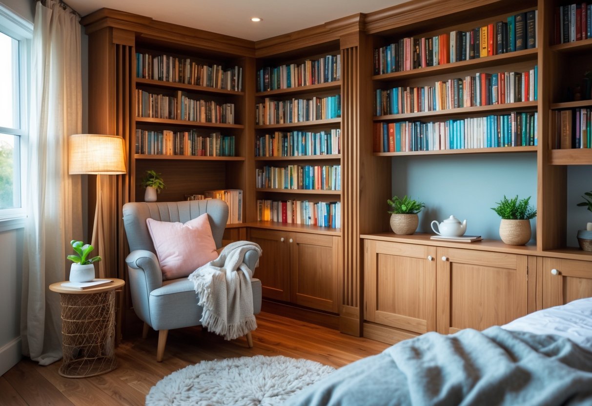 A bedroom corner with built-in bookshelves filled with books, a comfortable armchair, a side table, and a window letting in natural light.
