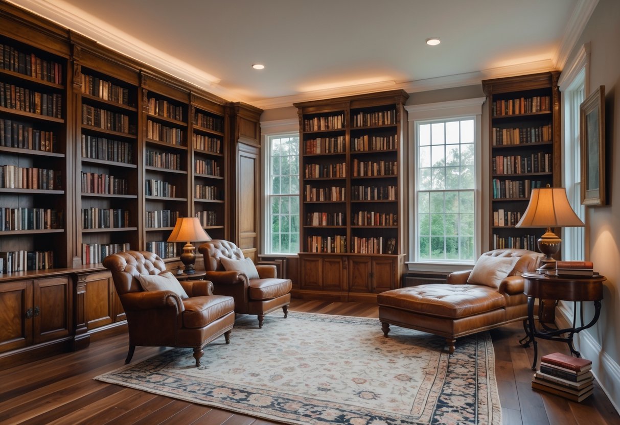 A bedroom library with wooden bookcases filled with books and leather chairs arranged for reading.