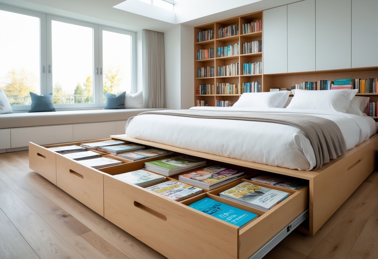 Bedroom with under-bed drawers open, filled with books and magazines, surrounded by bookshelves and natural light.
