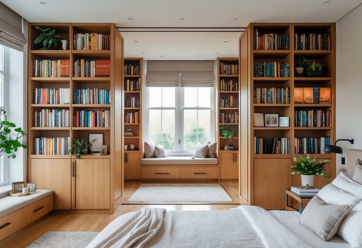 A bedroom with double-sided bookcases dividing the space, filled with books and decorative items, featuring a bed and a cozy reading nook.