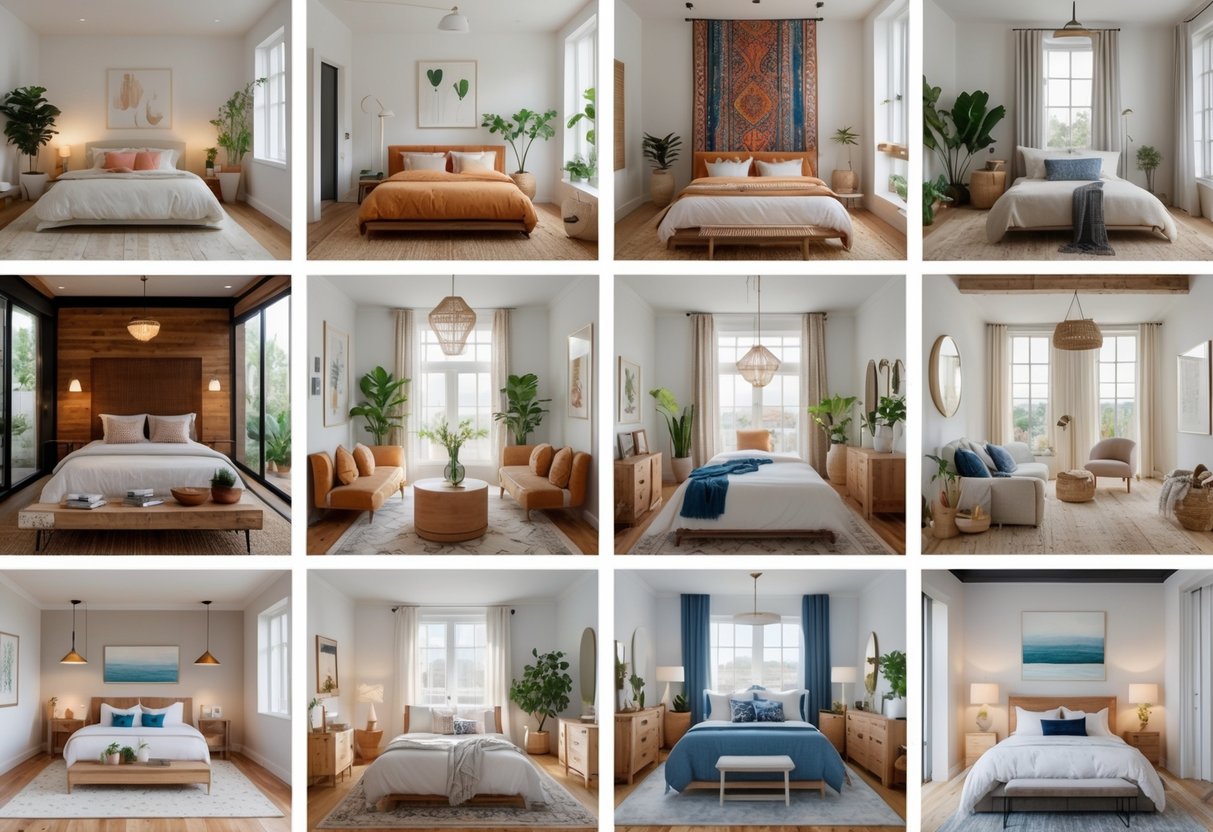 A collage of ten different bedroom interiors, each with unique furniture, lighting, and decor, showing a variety of bedroom design ideas.