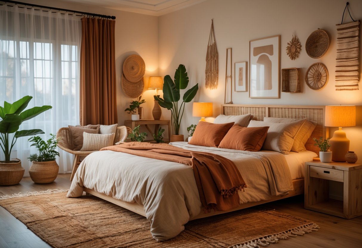 A warm and cozy bedroom with a large bed, wooden furniture, soft lighting, and earth-toned decor creating an inviting atmosphere.