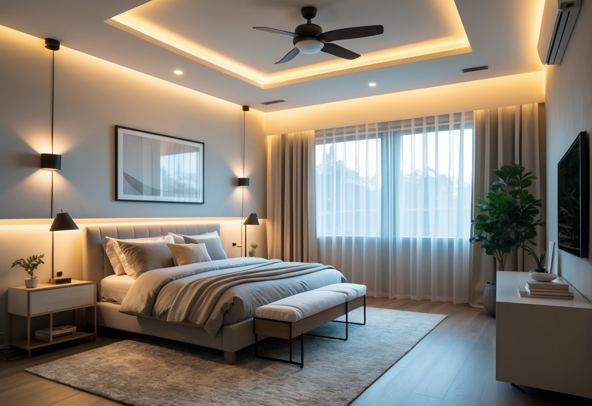 A bedroom with a bed, bedside lamps, overhead lights, wall sconces, and a window letting in natural light.