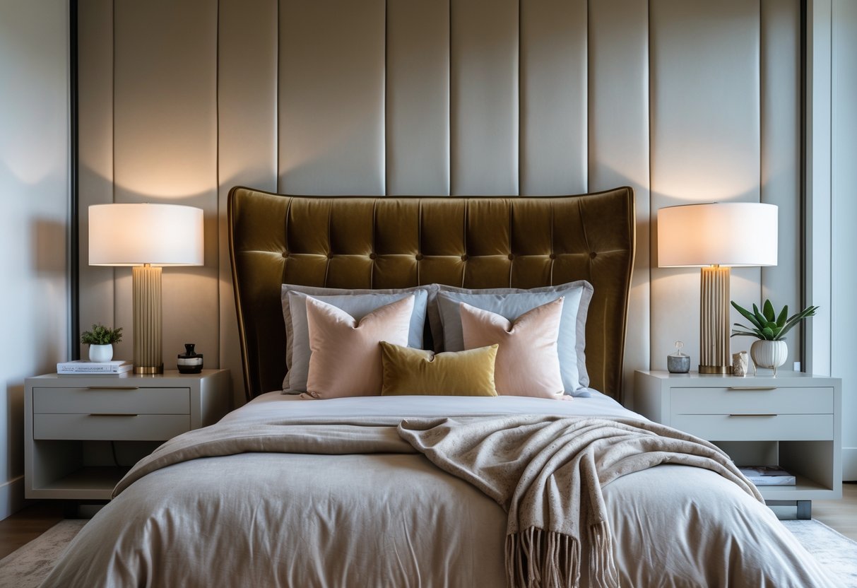 A bedroom with a large textured headboard, a neatly made bed, nightstands with lamps, and soft natural lighting.