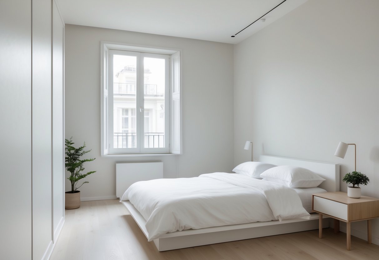 A bright bedroom with a simple bed, wooden nightstand, large windows, and a small plant.