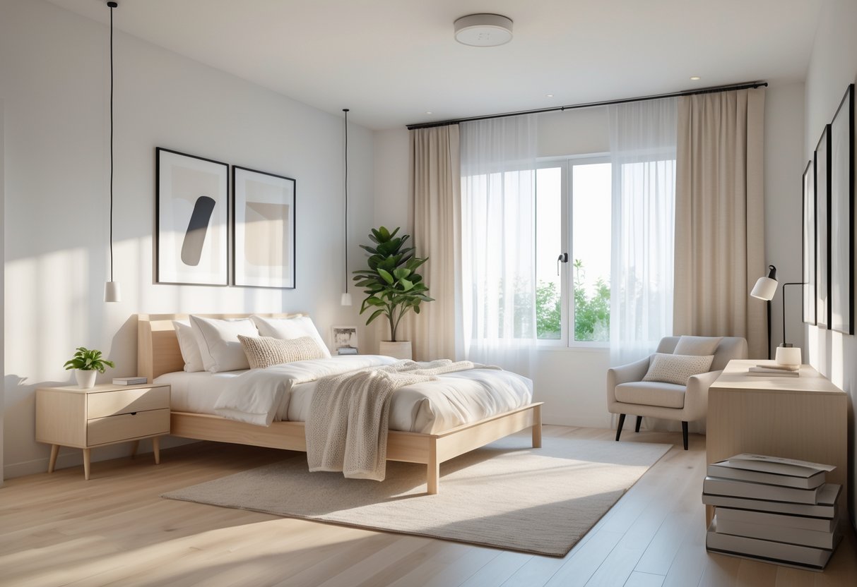 A bright and tidy bedroom with a bed, bedside table, armchair, and natural light coming through large windows.