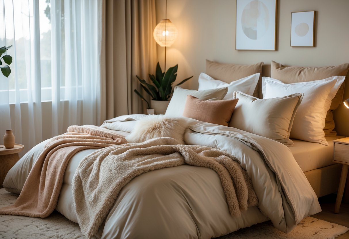 A neatly made bed with soft, cozy bedding and mixed textures in a warmly lit bedroom with a nightstand, lamp, and plant.
