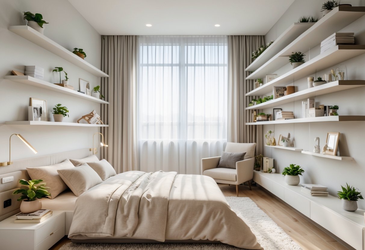 A bedroom with floating shelves holding books, plants, and decor above a neatly made bed near a window with natural light.