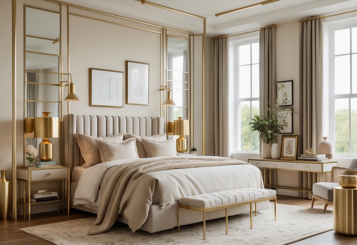 A bedroom with a bed, bedside tables, and decorative metallic accents in brass and matte gold.