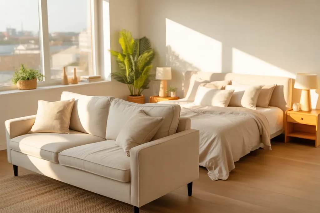 bed and couch in one room