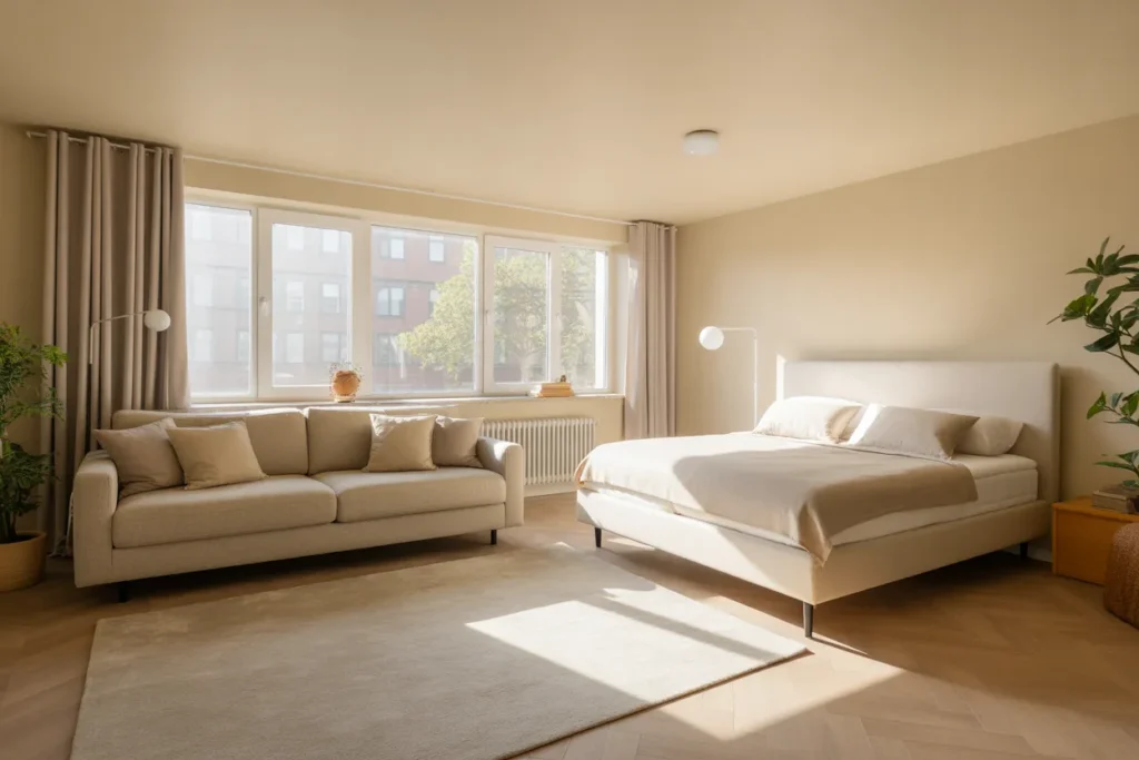 bed and couch in one room