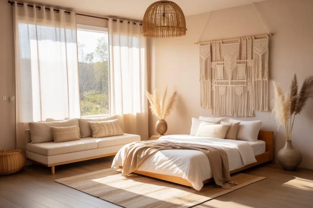bed and couch in one room