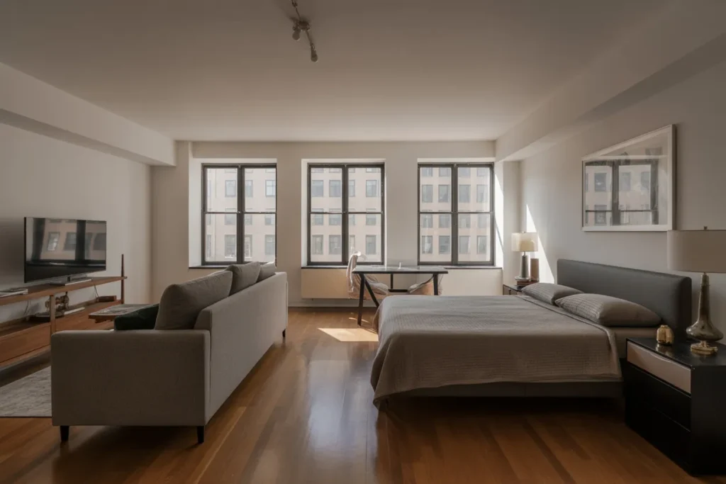 bed and couch in one room