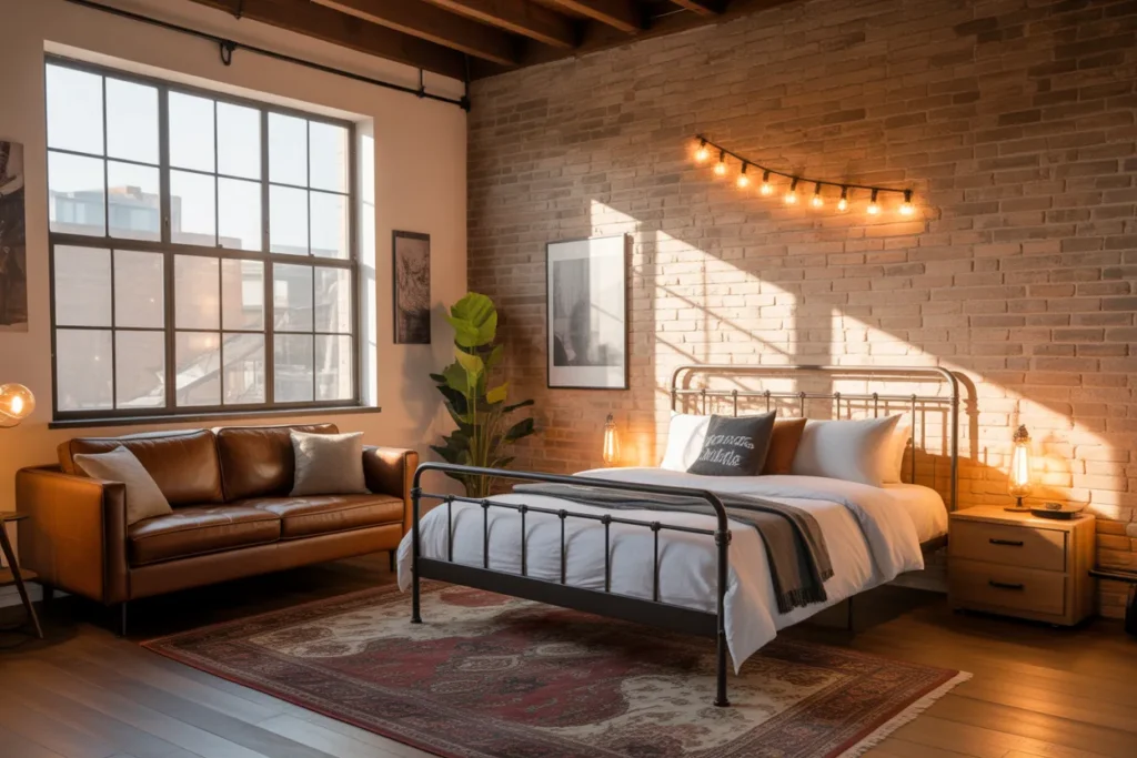 bed and couch in one room