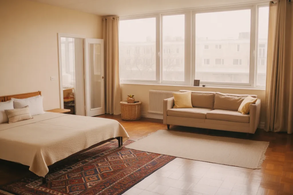 bed and couch in one room