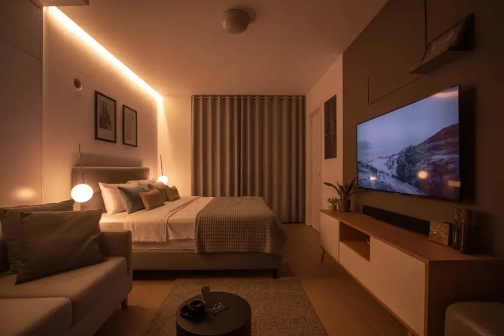 bed and couch in one room