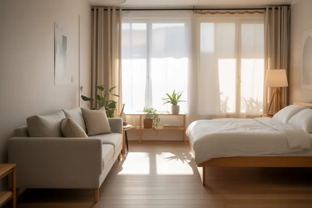 bed and couch in one room