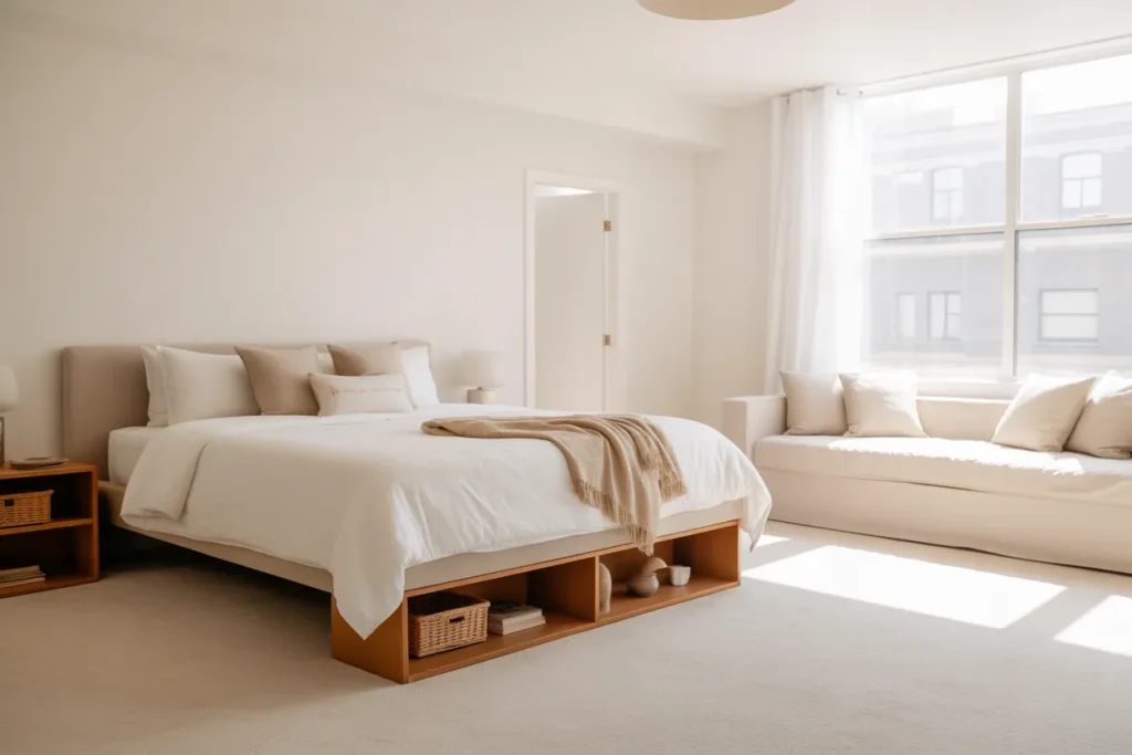 bed and couch in one room