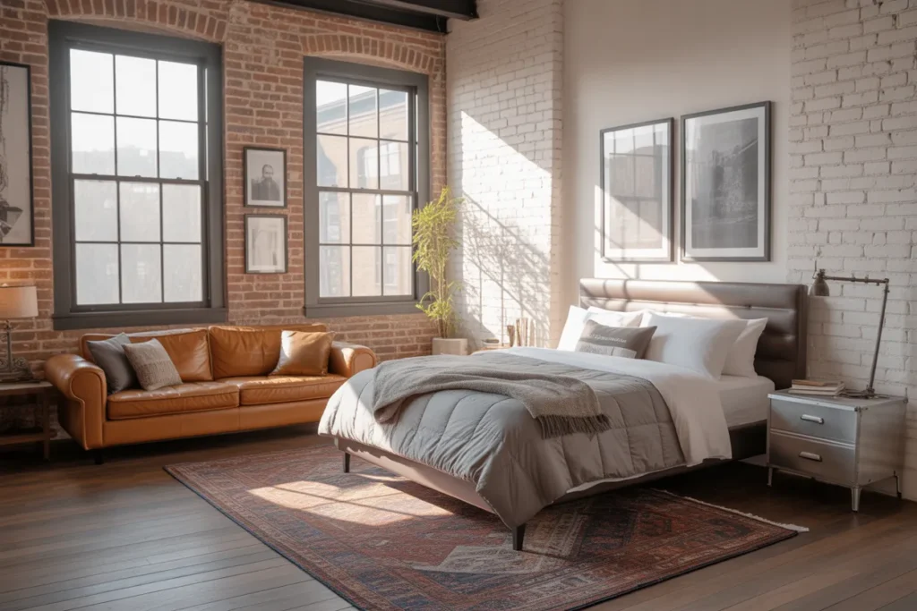 bed and couch in one room