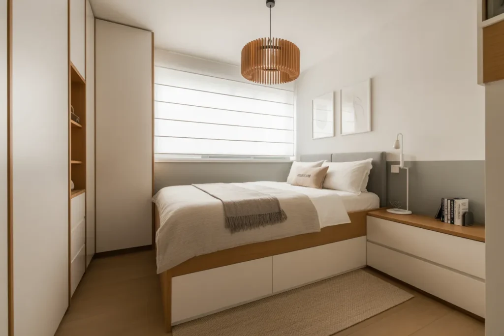 bed in corner of room