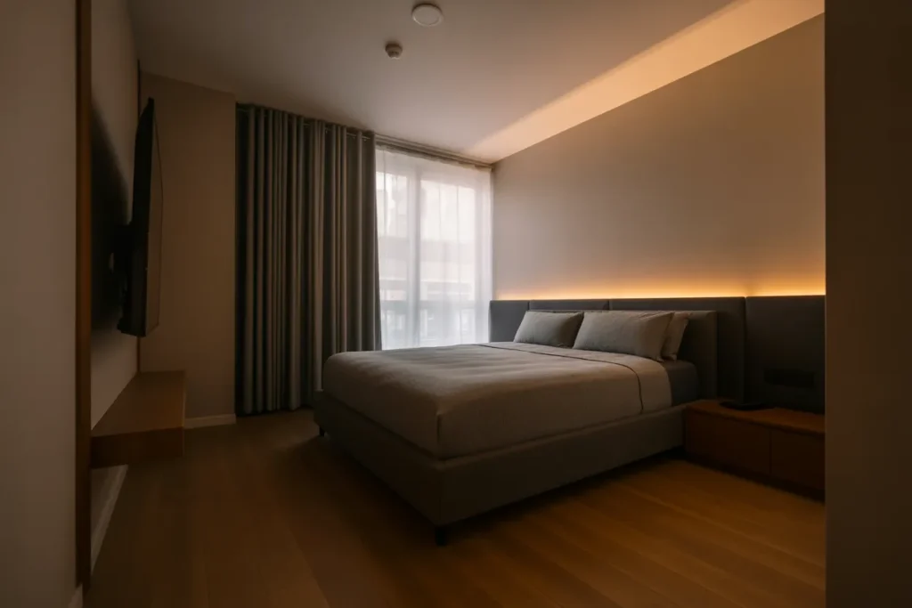 bed in corner of room