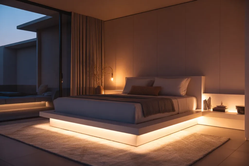 bed in middle of room