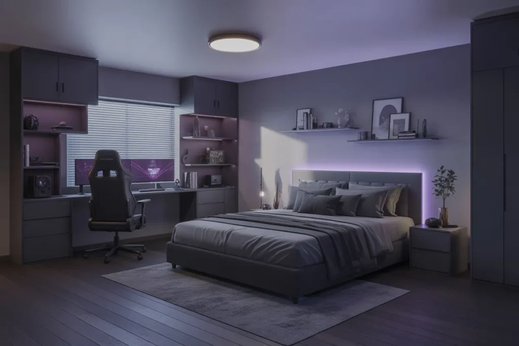 bed in middle of room