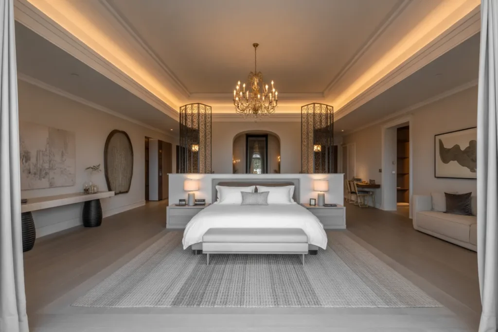 bed in middle of room