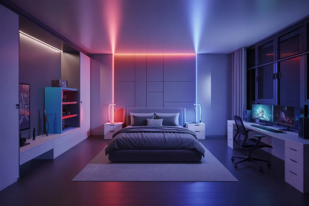 bed in middle of room