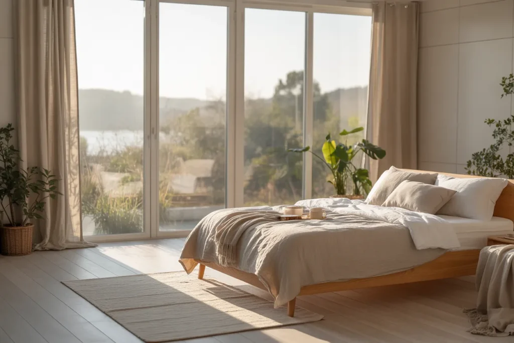 bed in middle of room