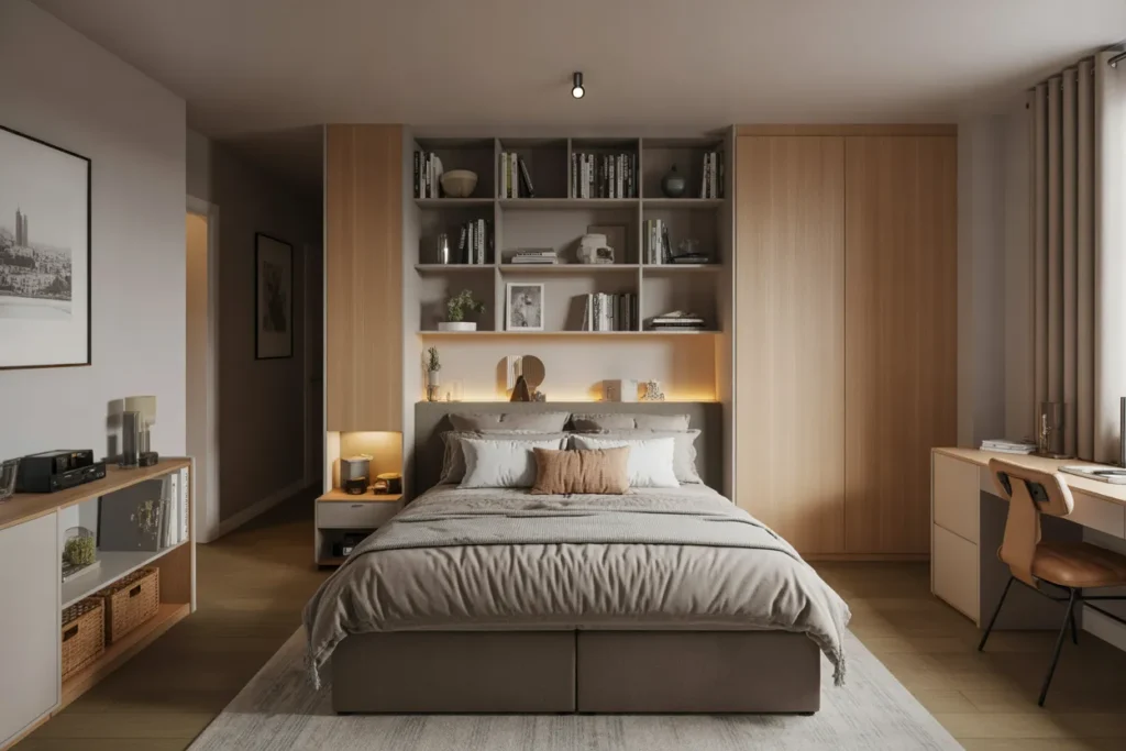 bed in middle of room