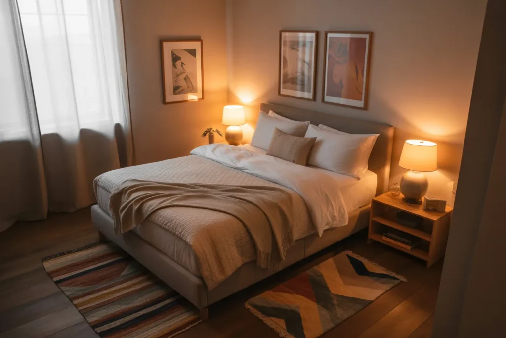 bed in middle of room