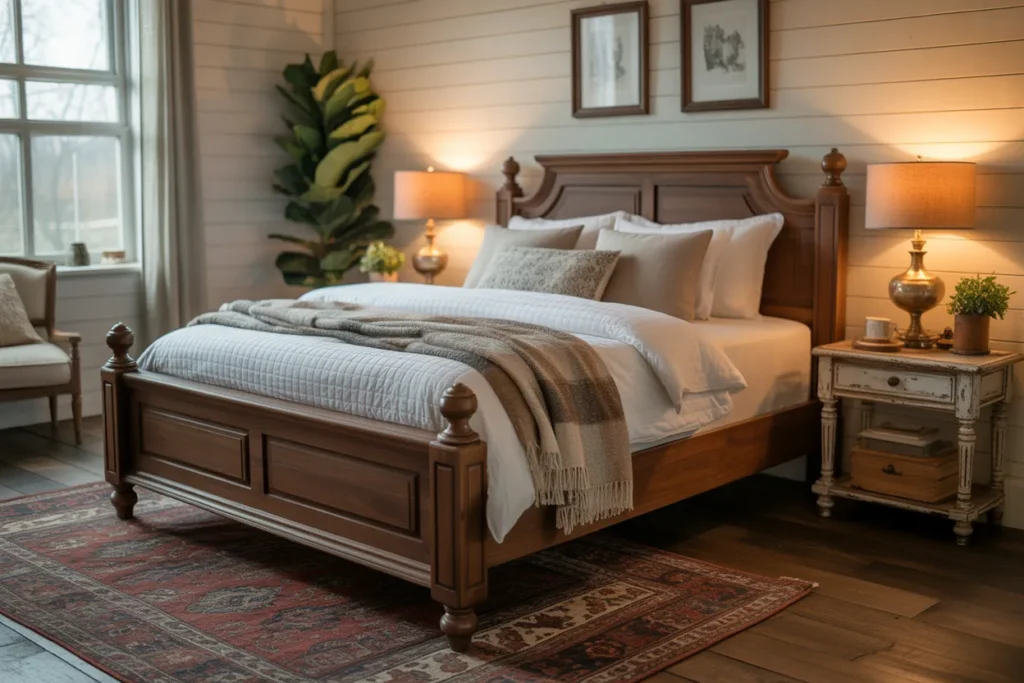 dark wood bed frame room ideas
