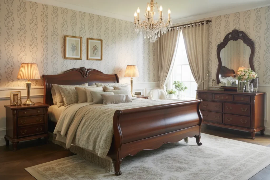 dark wood bed frame room ideas