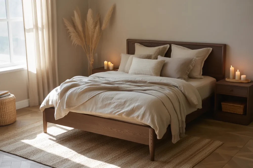 dark wood bed frame room ideas