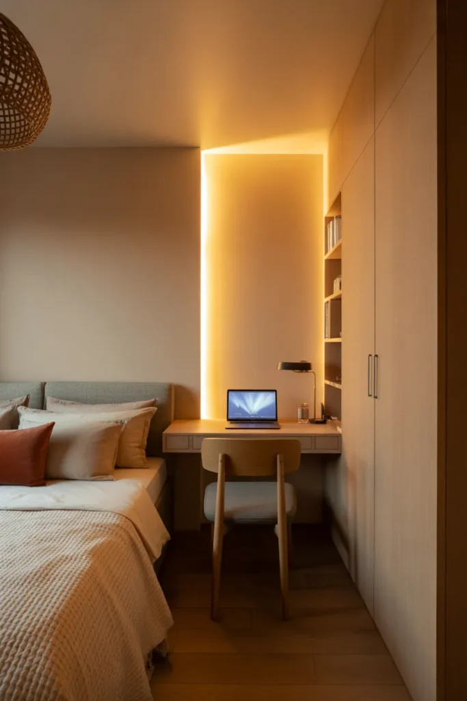 bed and desk layout small room