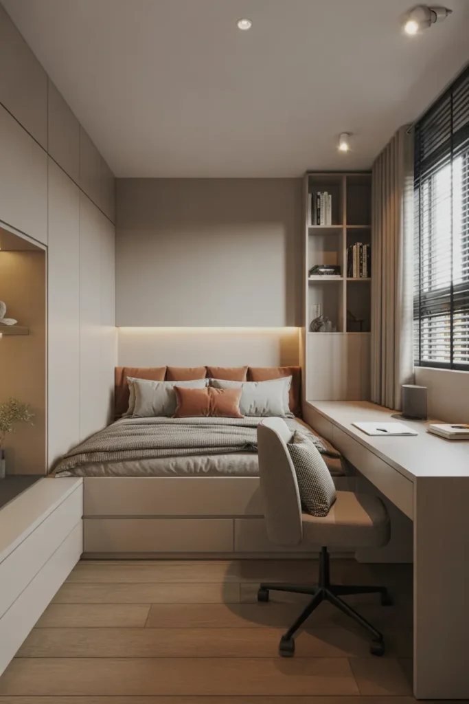 bed and desk layout small room