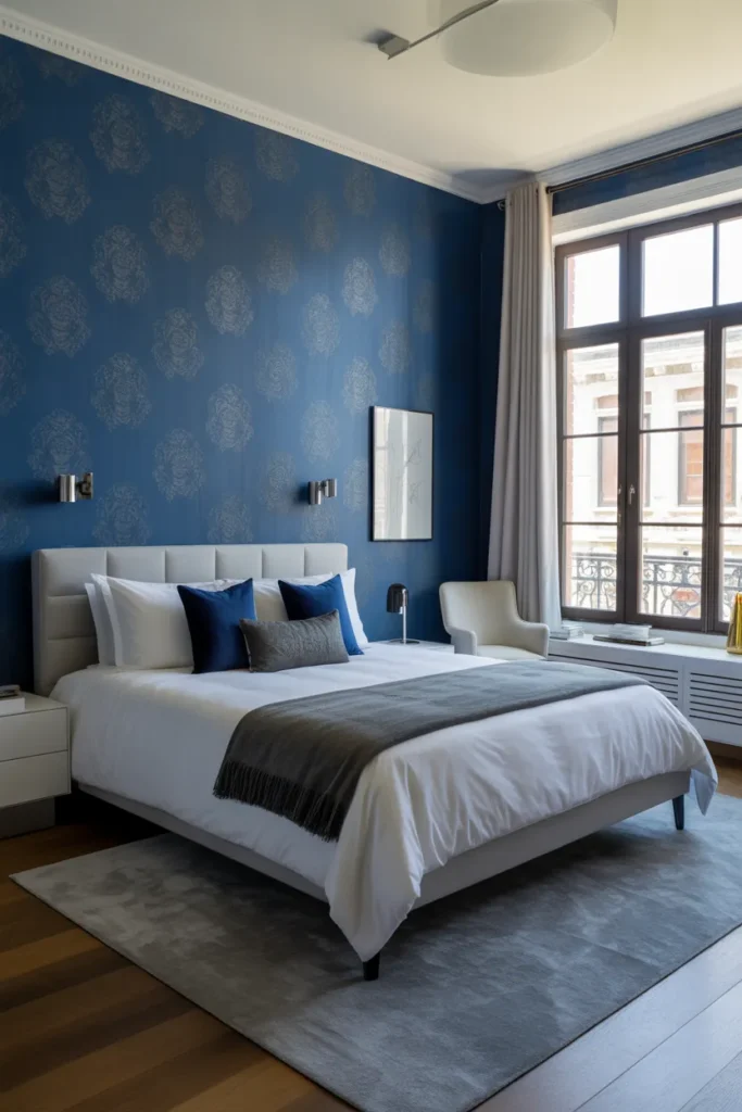 blue wallpaper bedroom