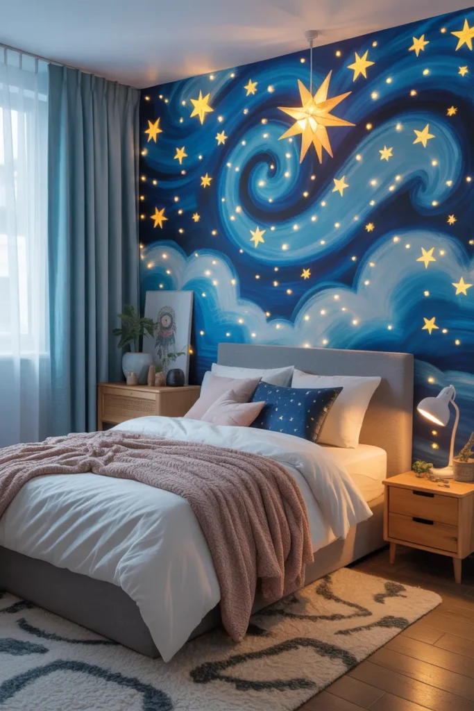 blue wallpaper bedroom