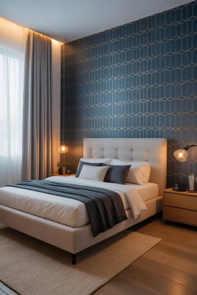 blue wallpaper bedroom