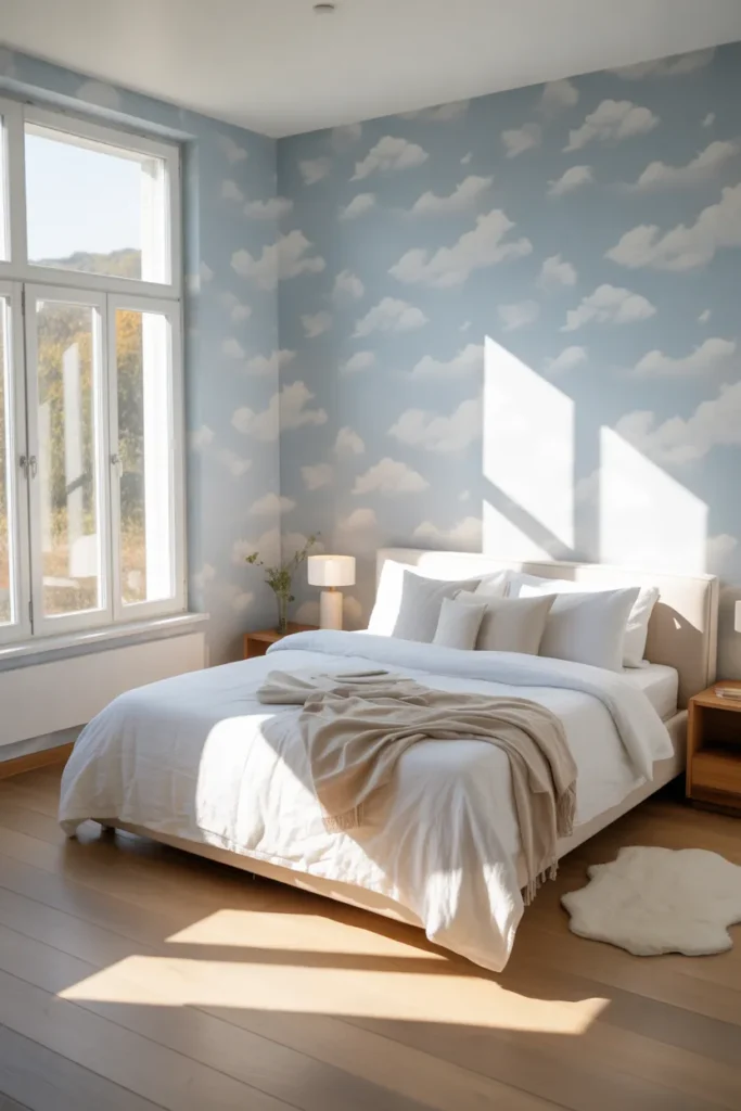 blue wallpaper bedroom