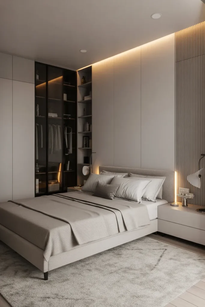 dressing room behind bed